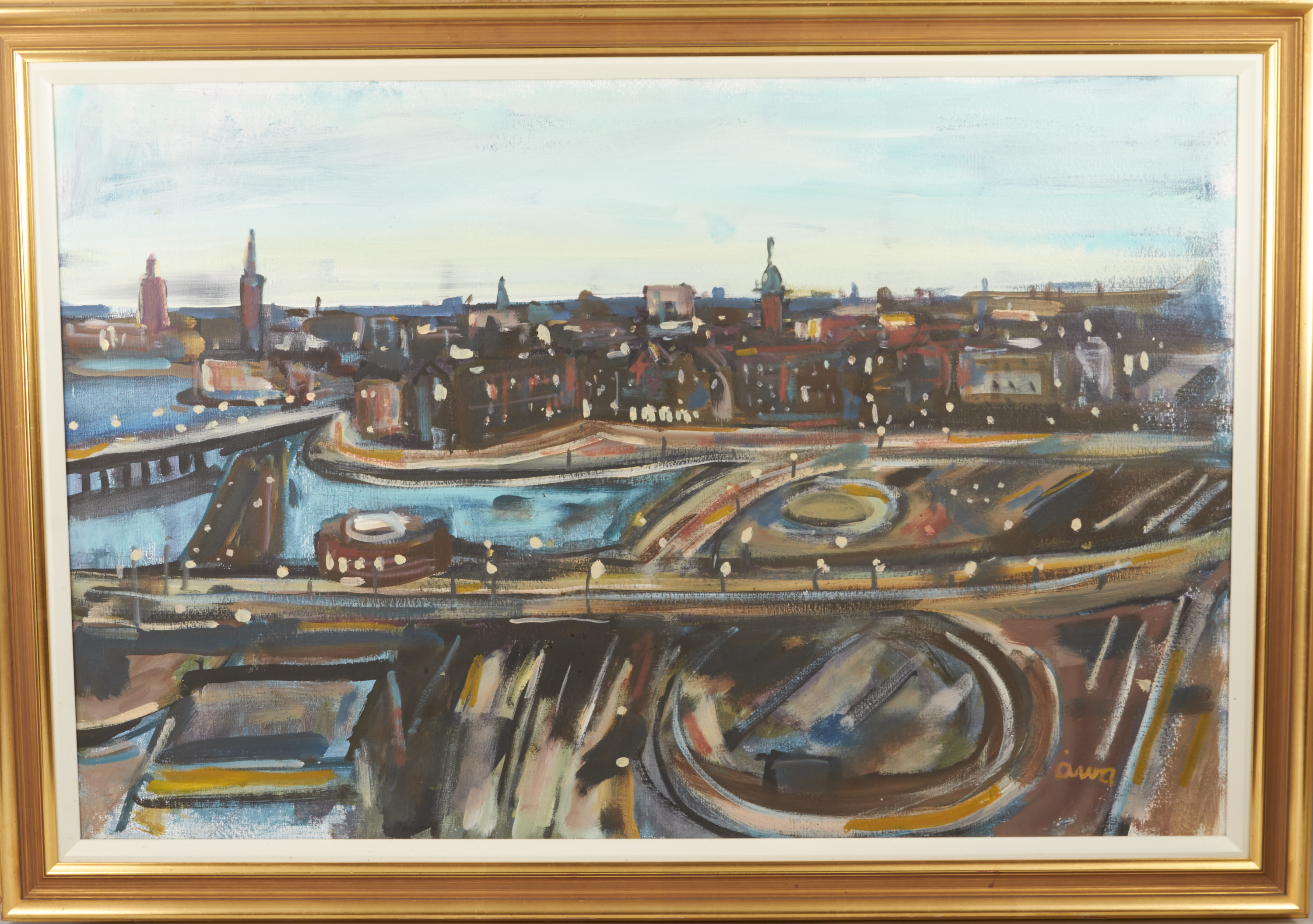 Oljemålning, Åke Wilhelm Andersson (19221988), ÅWA, Slussen, signerad